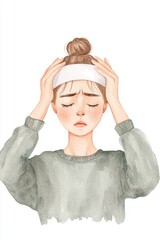 An illustration of a woman experiencing stress, holding her head in a green sweater, conveying feelings of discomfort and fatigue. watercolor style.