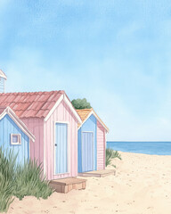 Colorful beach huts by the shore, surrounded by sand and grasses, perfect for summer relaxation and seaside adventures. watercolor style.