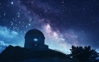 Obraz premium Enchanted anime-style Starry Night at the Observatory: A Magical Night Sky Experience for Astronomical Education and Star Gazing, Ideal for Travel Posters and 4K Wallpapers,Anime-Style,illustration,Pi