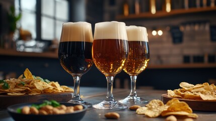 Three glasses of expensive craft beer, classic, unfiltered and dark, in a glass on the table, with snacks of peanut and pistachio chips and nachos. Oktoberfest. Promotional photo.