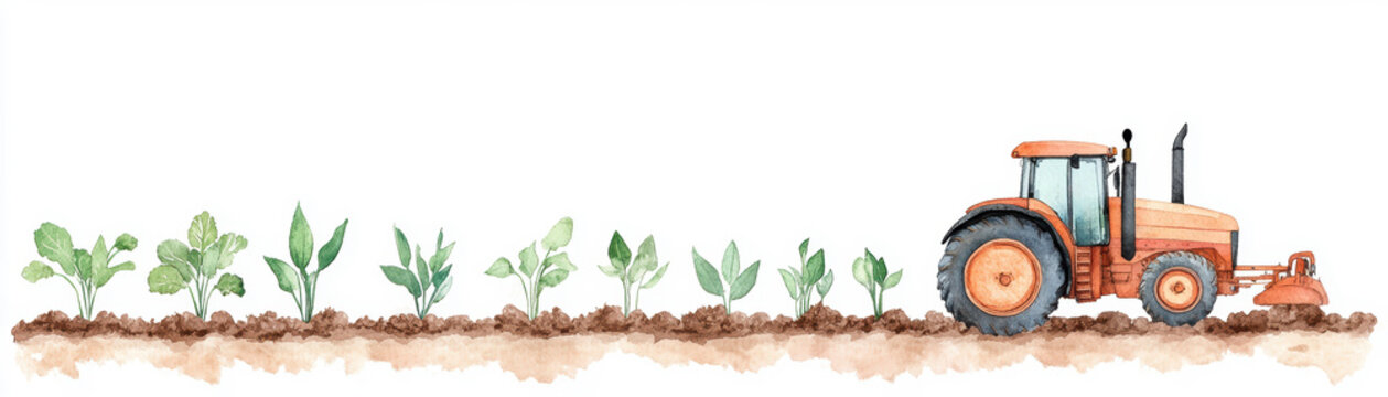 Colorful illustration of a tractor working in a field with sprouting plants, symbolizing agriculture and farm life. watercolor style.