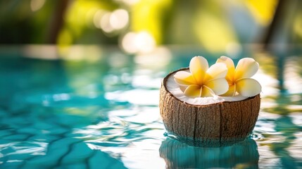 Coconut Shell with Flowers Floating in a Pool