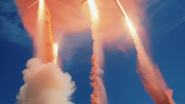 video of Nuclear missiles are aimed at the clear sky. Social issues. Conflict. Economic instability.