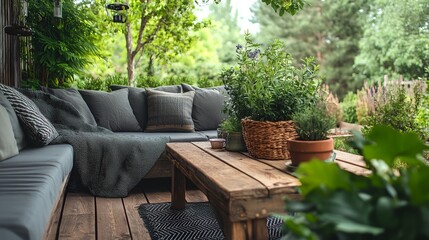 Fototapeta premium a couch and table on a wooden deck in a garden area