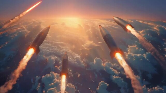 video of Nuclear missiles are aimed at the clear sky. Social issues. Conflict. Economic instability.
