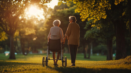 Adult granddaughter supporting her senior grandmother with a walker in a park during summer, reflecting care and companionship.

