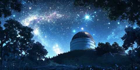 Obraz premium Enchanted anime-style Starry Night at the Observatory: A Magical Night Sky Experience for Astronomical Education and Star Gazing, Ideal for Travel Posters and 4K Wallpapers,Anime-Style,illustration,Pi