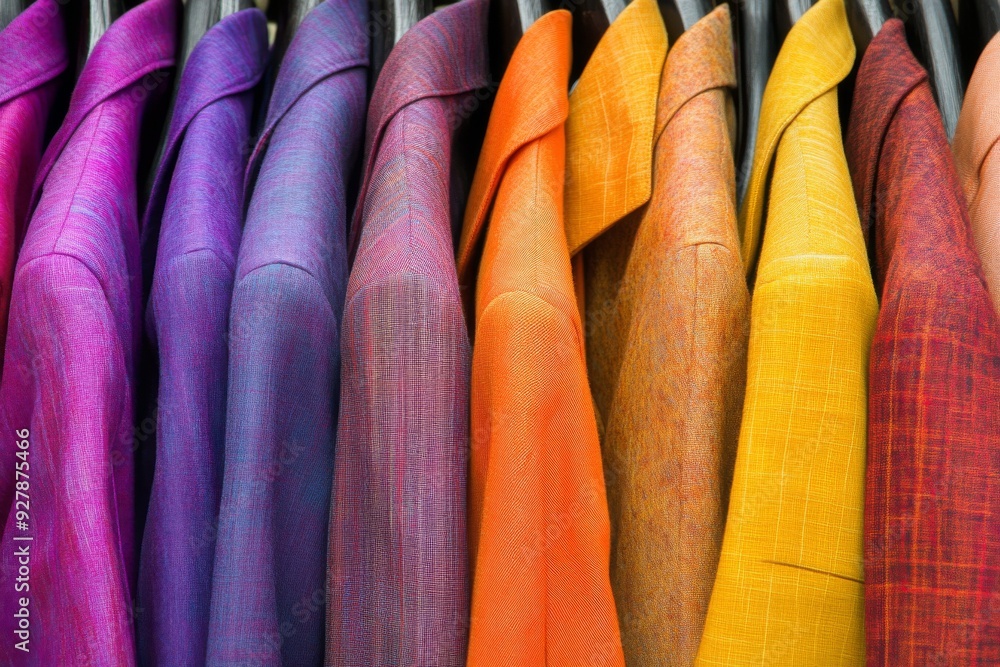 Poster a vibrant array of colorful blazers neatly arranged on a rack showcasing the diversity and energy of