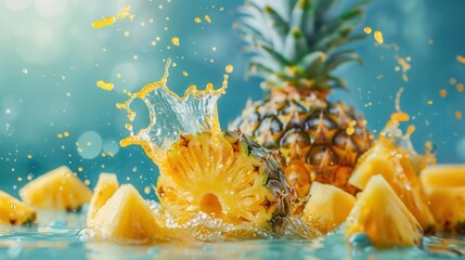 Fresh pineapple slices cut closeup view with water splashes