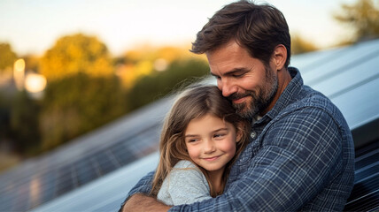 Obraz premium Father hugging his daughter on a rooftop with solar panels, both looking at the camera with smiles, showcasing the sustainability of the solar system.