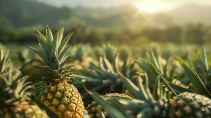 Fresh pineapple fruit growing in plantation field in farm