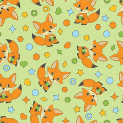 Vector seamless pattern with cute fox on green background