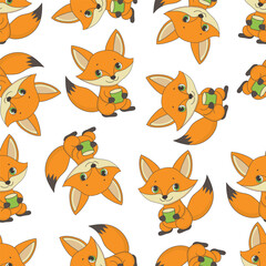 Vector seamless pattern with cute fox on white background
