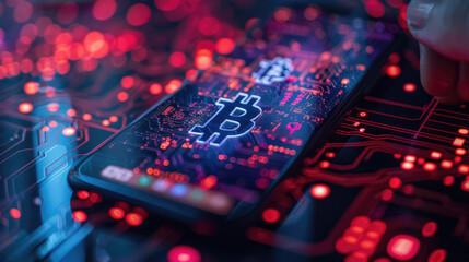 A digital wallet on a smartphone screen, with various cryptocurrencies displayed and a futuristic background