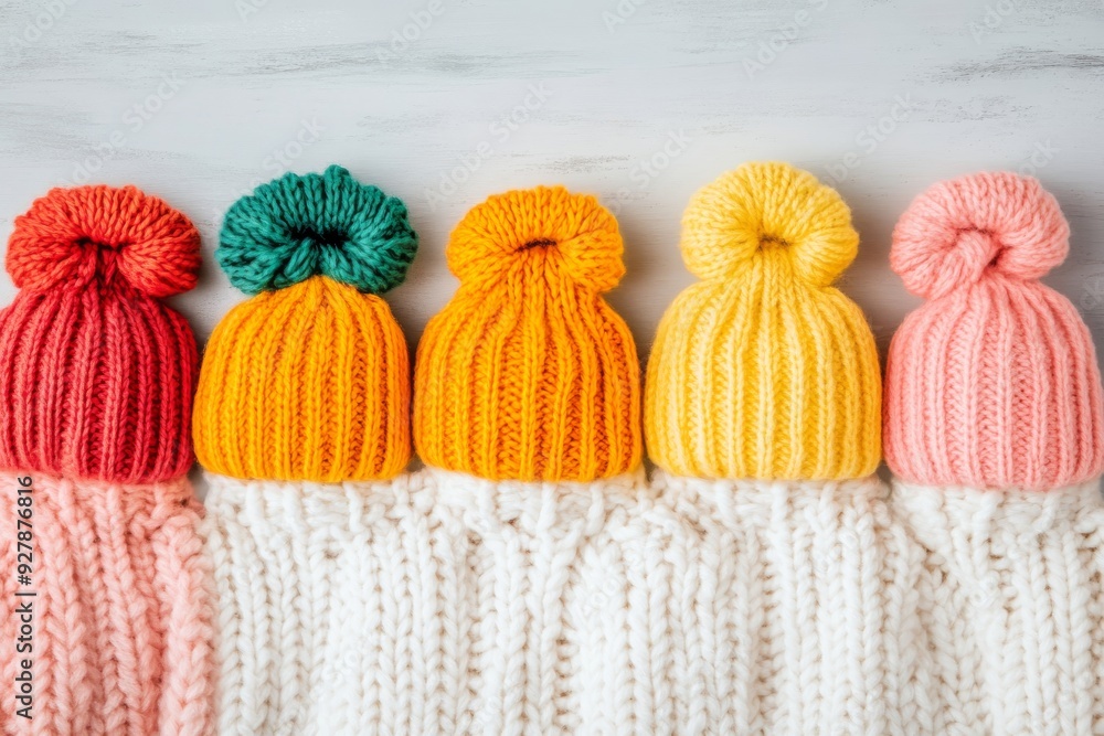 Poster a collection of colorful knitted hats neatly arranged in a row embodying the cozy and playful charm 
