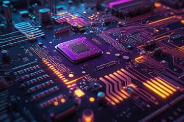 Microchip, circuit board, technology, electronics, cyberpunk, neon, futuristic, digital, processor, computer, semiconductor, silicon, motherboard, CPU, AI, artificial intelligence, data, innovation, h