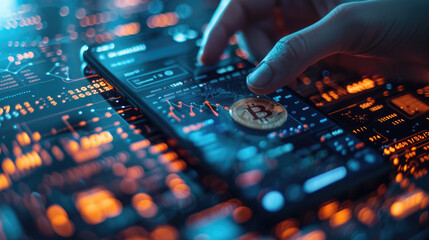 A digital wallet on a smartphone screen, with various cryptocurrencies displayed and a futuristic background