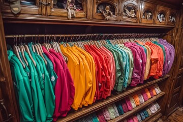 A vibrant collection of colorful blazers neatly arranged on a rack in a retail store exemplifying the diversity and lively energy of modern menswear fashion
