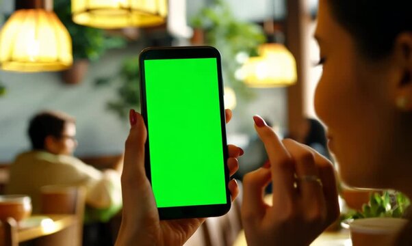 Chroma Green Screen Macro Shot of Young Woman Microlending on Smartphone at Caf&eacute;