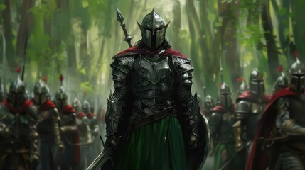 Fototapeta premium Elven warrior leading an army through a mystical forest, elven leader, epic command