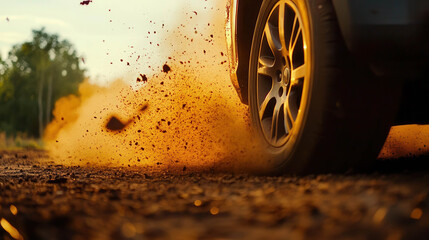 A close-up shot of a tire kicking up dirt and dust while driving on an off-road terrain