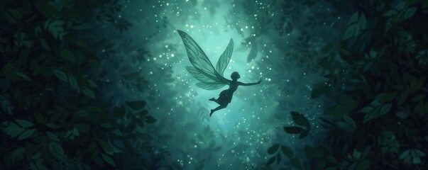 Obraz premium Ethereal fairy flying through a glowing, magical forest, fairy magic, enchanted journey