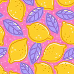 Seamless pattern of lemons in doodle style are on pink background. Cute lemon pattern.