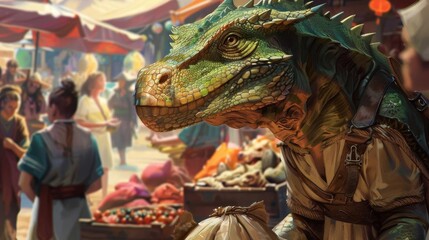 Fantasy market with diverse, colorful creatures and magical artifacts, mystical market, enchanted commerce