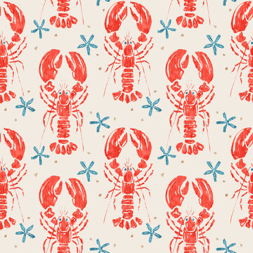 Vintage pattern of lobsters and stars. Seamless attern of vintage red lobsters and blue starfishes