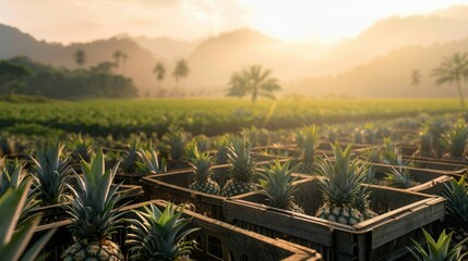 Fresh harvested pineapples in wooden crate in field