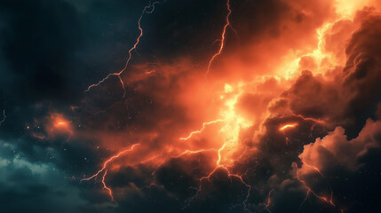 Dramatic storm clouds illuminated by lightning in a dark sky, showcasing the power and intensity of a severe weather phenomenon