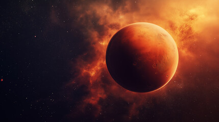 Mars-like planet with fiery atmosphere and solar eclipse in space, dramatic cosmic landscape for science fiction concept