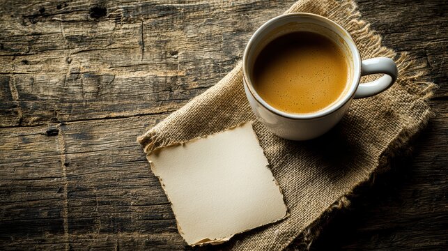 A cup of coffee on a rustic wooden table, with a handwritten note or card beside it, leaving space for custom text. The cozy, inviting atmosphere is ideal for personal messages or branding.