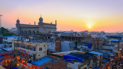 Makkah Masjid built with bricks from Makkah, in Hyderabad old city during sunset.