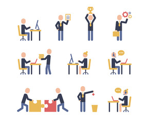 Business people icon pictograms. Leadership training, meeting and corporate career. Modern simple style pictogram concept. Blue color characters set. Simple material design for web and website.