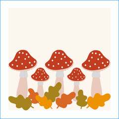 Colorful red mushrooms with white spots and autumn leaves in a cozy setting