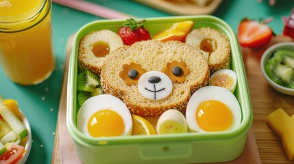 Lunch box for children with cute bear sandwich egg bee fruits and juice School themed background