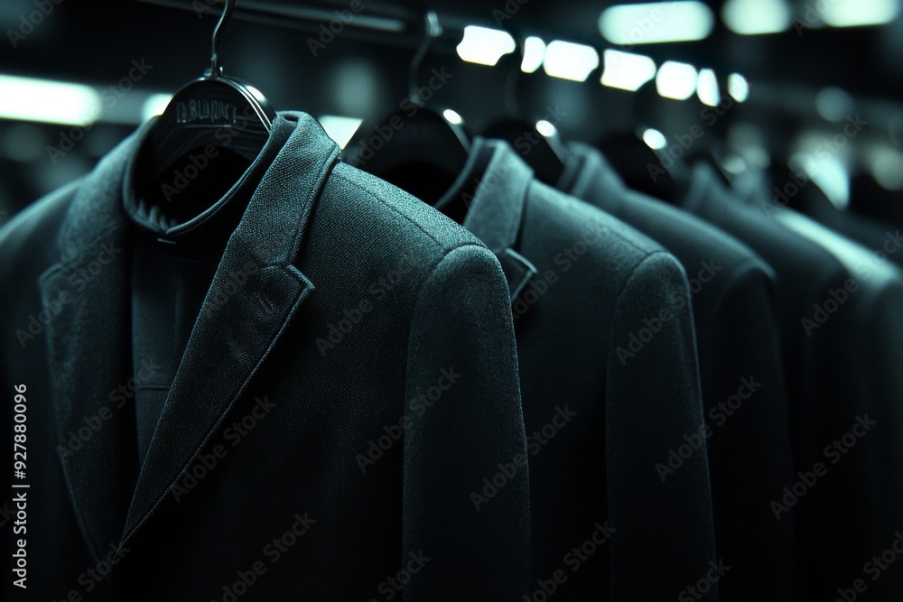 Poster a row of sleek black suits hanging in a dimly lit space emphasizing the elegance and formality of cl