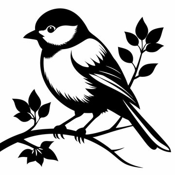 recommend clip art: Chickadee Bird silhouette vector style with a tree branch on a white background.