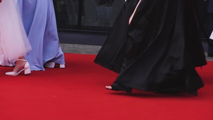 Red carpet with ropes and golden barriers on a luxury party entrance, cinema premiere film festival event award gala ceremony, wealthy rich guests arriving, outdoor decoration elements, summer day