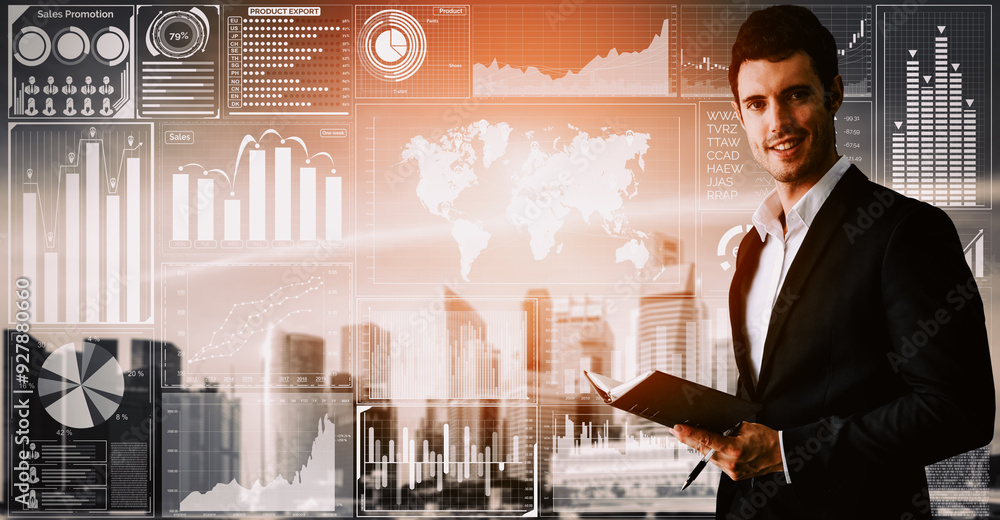 Poster data analysis for business and finance concept. interface showing future computer technology of prof