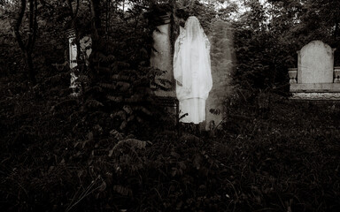 scary ghost in cemetery at night Halloween background