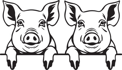 Two Pigs Peeking Stylized Vector Illustration © PapaGray