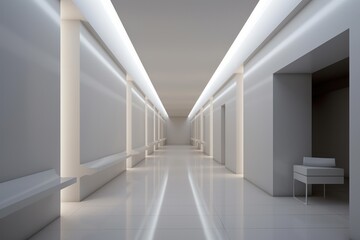 Fototapeta premium Sleek, illuminated corridor design with a minimalist style and reflective floor