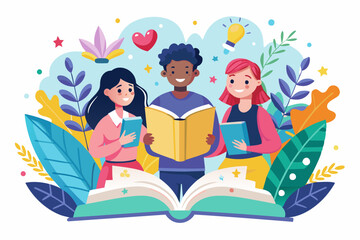 Children happily reading and sharing books together during leisure time