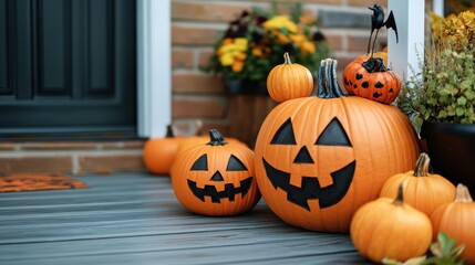 Halloween mood - Decorated pumpkins on the porch. Halloween decorations, copyspace