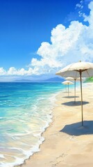 Fototapeta premium Enchanted anime-style Summer Beach: Tranquil Parasols and Gentle Waves Lapping the Shore, an Ideal Seaside Escape for Leisure and Travel Posters,Anime-Style,illustration,Picture BooksFor Poster,Novel,