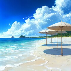 Fototapeta premium Enchanted anime-style Summer Beach: Tranquil Parasols and Gentle Waves Lapping the Shore, an Ideal Seaside Escape for Leisure and Travel Posters,Anime-Style,illustration,Picture BooksFor Poster,Novel,