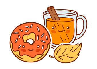 Autumn kawaii food. Happy Thanksgiving Day and Halloween traditional cute symbols.