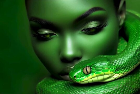 Lilith evil woman, demon with a snake with scales with a shine, resting peacefully on the woman's shoulder